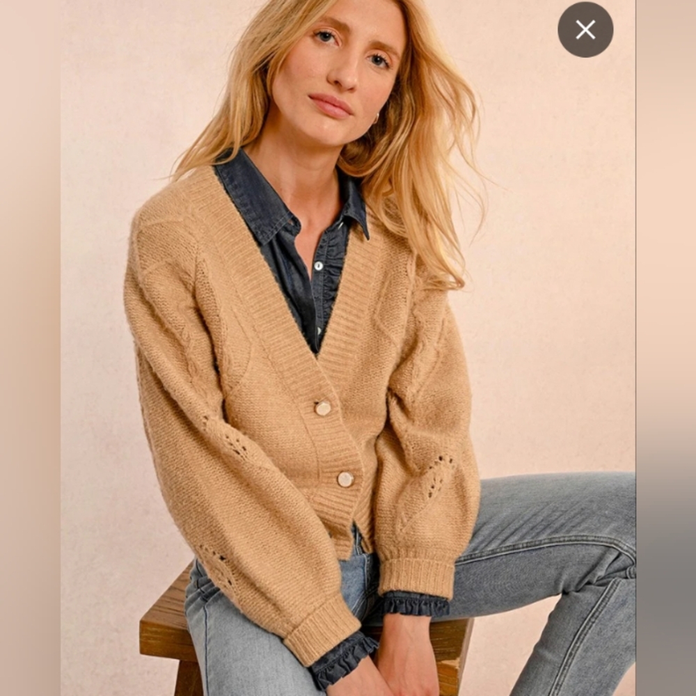 Molly Bracken V-Neck Pointelle Knit Boxy Cardigan Sweater Large Minimalist - Picture 3 of 13